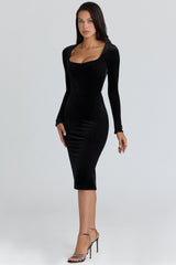 black velvet silhouette midi dress