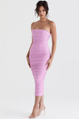 pink strapless corset midi dress