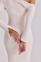 vintage ivory draped crepe one shoulder midi dress