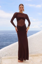 ROMY SLEEVED RUCHED MAXI DRESS - BITTER CHOCOLATE