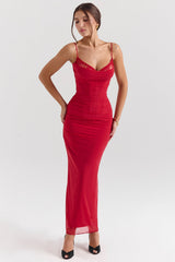 holly red stretch mesh corset maxi dress