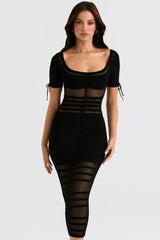 black openwork knit midi dress