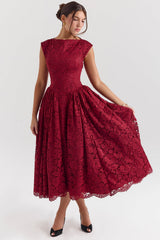 berry lace backless midi dress - sale
