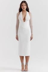 white plunge midi dress