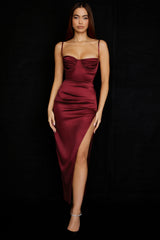 wine satin pleated corset midi dress