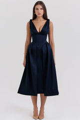 midnight twist strap satin midi dress - sale