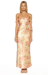 Ella Yellow Bloom Satin Maxi Dress