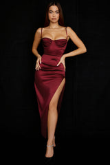 wine satin pleated corset midi dress
