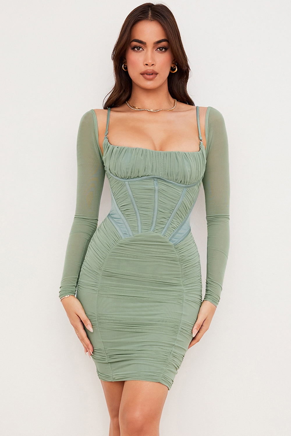 green gathered corset dress
