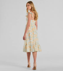 Delightfully Chic Ruffled Floral Chiffon Midi Dress