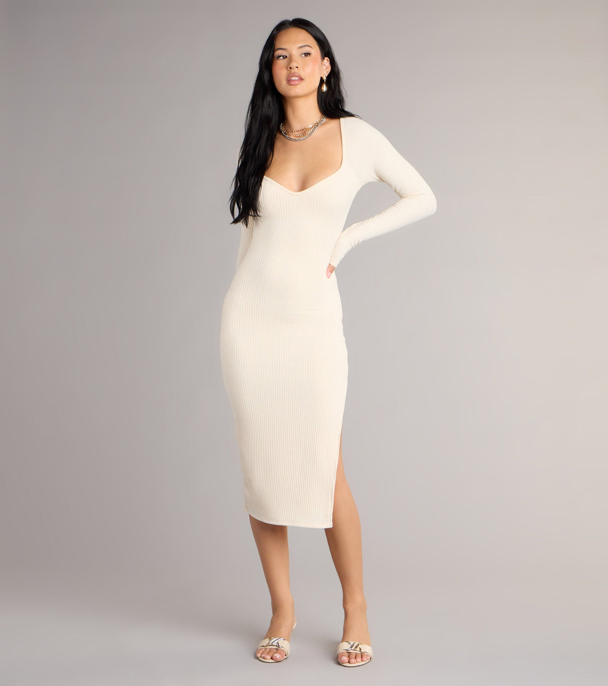 Cozy Allure Long Sleeve Slit Midi Dress
