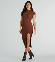 Sweet Demeanor Mock Neck Ribbed Knit Midi Dress