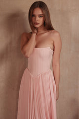 pink pleated midi corset dress