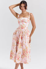 peach poppy print cotton midi sundress