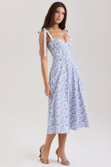blue floral print stretch cotton midi sundress