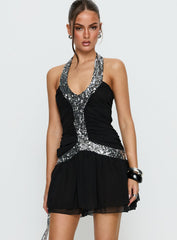 Aisleigh Sequin Halter Mini Dress Black / Silver