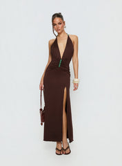 Sasami Halter Plunge Maxi Dress Chocolate