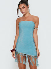 Keyana Strapless Tassel Mini Dress Blue Shimmer