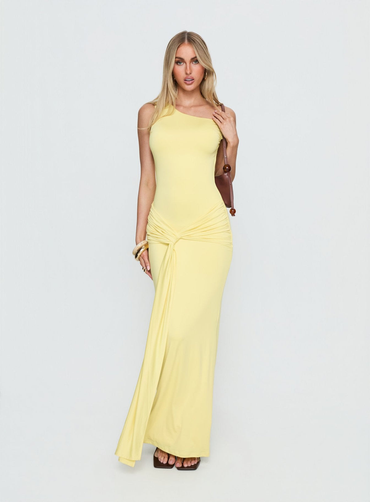 Get Lucky Drape One Shoulder Maxi Dress Lemon Yellow