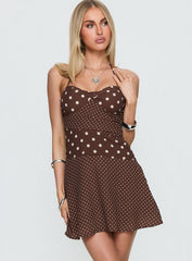 Marguerite Halter Mini Dress Brown Polka Dot