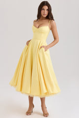 sunshine yellow satin tulle midi dress