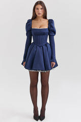 midnight satin puff sleeve mini dress - sale