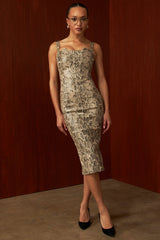 snakeskin print vegan leather midi dress