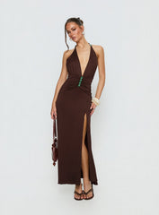 Sasami Halter Plunge Maxi Dress Chocolate