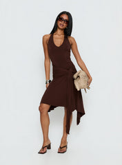 Moonlit Honey Asymmetrical Halter Jersey Midi Dress Chocolate