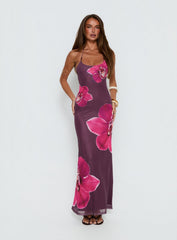 Kamina Beaded Halter Maxi Dress Plum Floral
