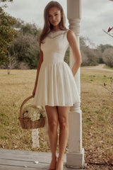 white embroidered cotton lace trim mini dress