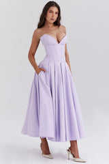 orchid twill strapless tulle midi dress