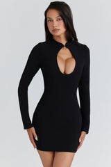 black crepe keyhole silhouette mini dress