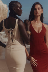 almond corset midi dress