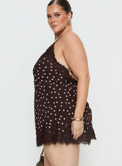 Call My Lover Lace Slip Mini Dress Brown Polka Curve