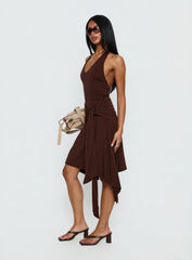 Moonlit Honey Asymmetrical Halter Jersey Midi Dress Chocolate