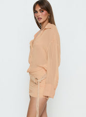 Moonrising Long Sleeve Sheer Blouson Mini Dress Soft Orange