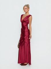 False Alarm Plunge Asymmetrical Pleat Maxi Dress Red