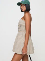 Quinette Strapless Bubble Hem Mini Dress Beige Stripe