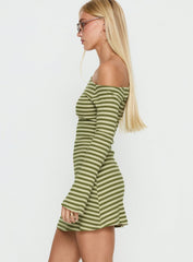 Adrietta Long Sleeve Off Shoulder Mini Dress Cream / Matcha Stripe
