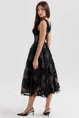 black embroidered tulle corset midi dress