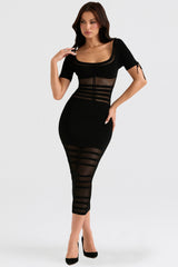 black openwork knit midi dress