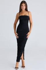 black gathered stretch mesh maxi dress
