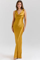 amber satin draped cowl neck maxi dress