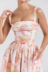 peach poppy print cotton midi sundress