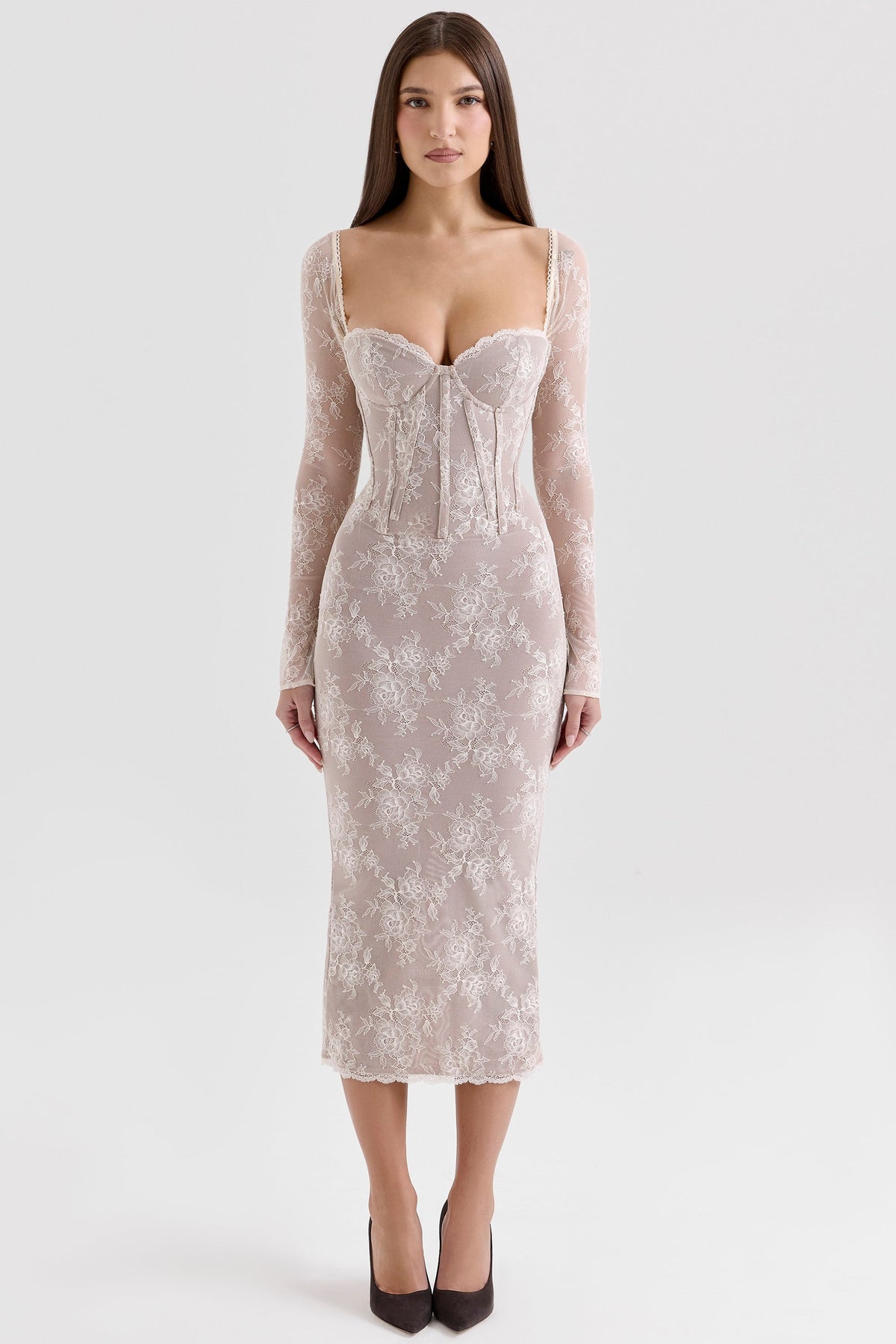 ivory lace long sleeve midi dress