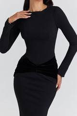 black long sleeve crepe jersey maxi dress