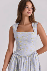 blue wildflower print cotton midi sundress
