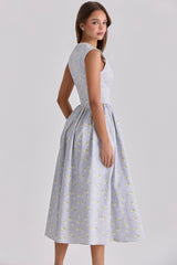 blue wildflower print cotton midi sundress