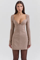 brown puppytooth check plunge mini dress - sale